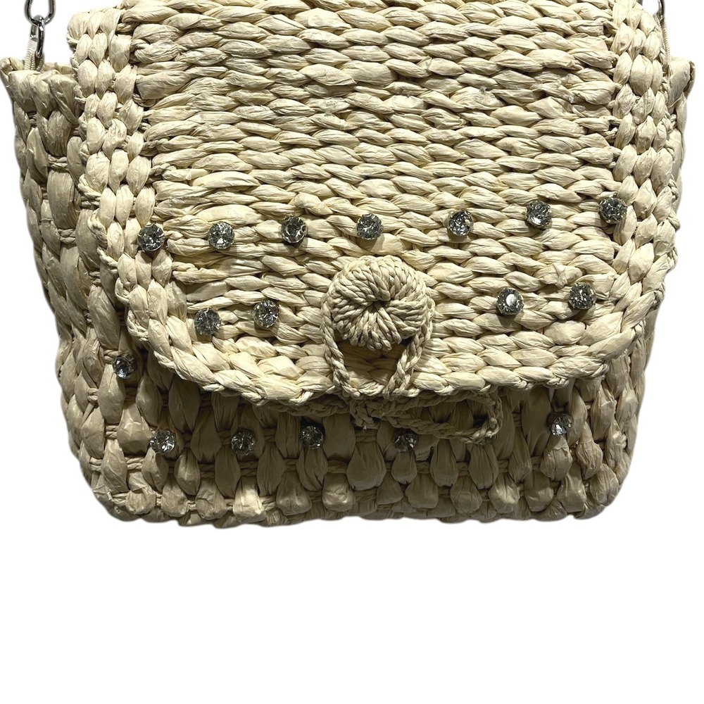 Anthropologie Straw Woven Crossbody Bag Rhinestone Studded Flap Closure - Picture 2 of 5